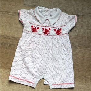 White and Red Kids Bodysuit Smock with Embroidery Lobster Design